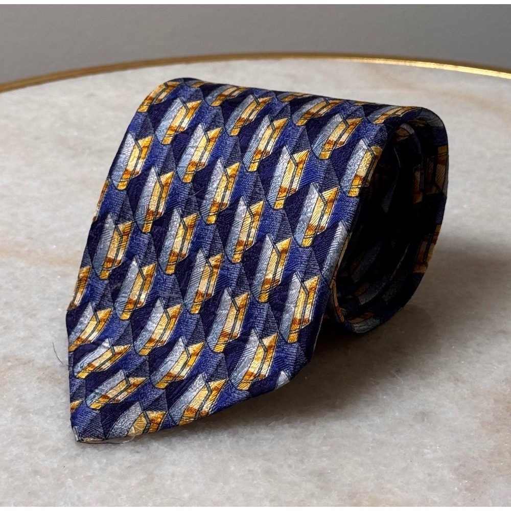 Ermenegildo Zegna Silk Tie Navy Blue Gold Geometric 3D Block Made in Italy